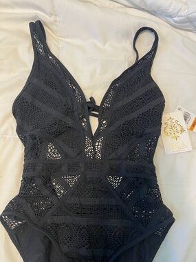 Becca Black Crochet One Piece Swimsuit NWT Size S Plunge Lace Cutout